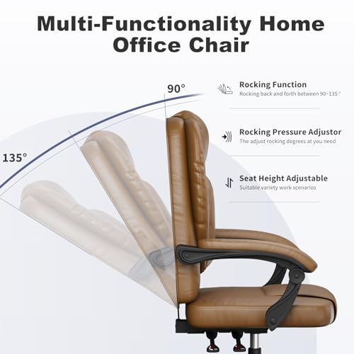 rattantree Executive Office Desk Chair, Computer Leather PU Recliner, Ergonomic Office Chair with Tilt Function, Heavy Duty for Home Office, High Back Brown Swivel Chairs