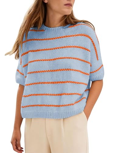 QIBABU Womens Short Sleeve Striped Sweater Top Casual Crewneck Lightweight