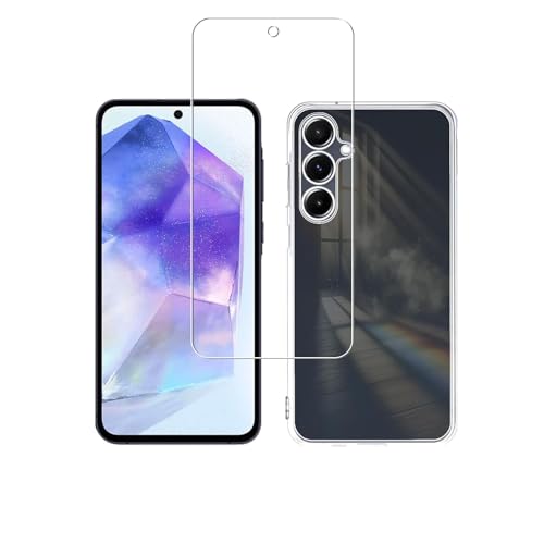 Galaxy A55 用 ガラスフィルム【1枚フィルム+1個TPUケース】 日本旭硝子製 SC-53E SCG27 強化ガラスフィルム 硬度9H 高透過率 飛散防止 指紋防止 気泡ゼロ 自動吸着 貼り付け簡単【柔らかいTPU ギャラクシA55 ケース 完全