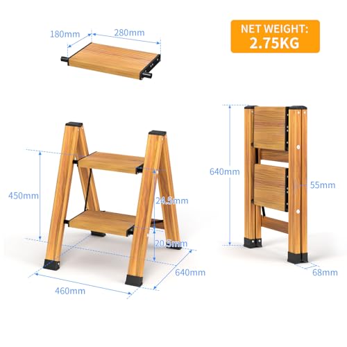KULACO Trittleiter 2 Stufen klappbar, Aluminium Klappleiter, Tragbare Stufenleiter, rutschfeste Haushaltsleiter, Multifunktionsleiter Holzmaserung Design für Haus und Camping, Belastbar bis 150 kg