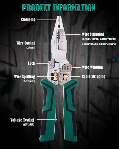 Image of upgraded 8 in 1 Wire Strippers with Voltage Tester, Wire Stripping Tool, Cable Cutters with Plier, Crimper, Splitting, Wire Stripper Tool for 10-18 AWG for Electrician Work Green