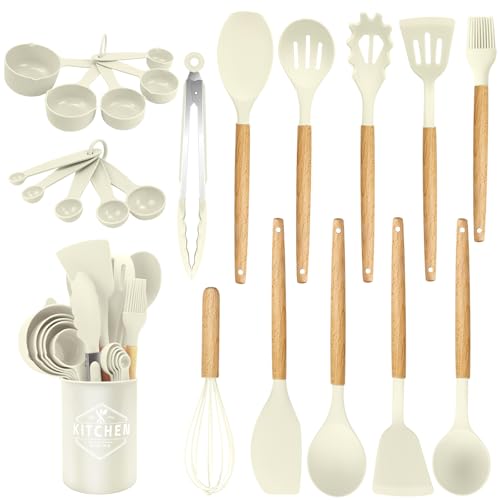 Utensili da cucina in silicone 22 pezzi, set di utensili da cucina per pentole antiaderenti, al calore e antiaderenti con manico in legno per utensili senza BPA