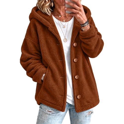 Sherpa Fleece Jacket Women Warm Cozy Button Up Hooded Teddy Coats Brown - image 7