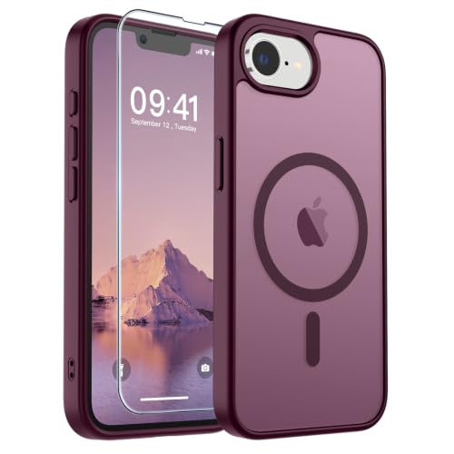 Image of SUPFINE Magnetic for iPhone 17e Case /iPhone 16e Case with Screen Protector (Compatible with MagSafe)(Military Grade Drop Protection) Translucent Matte Phone Cover,Wine Red