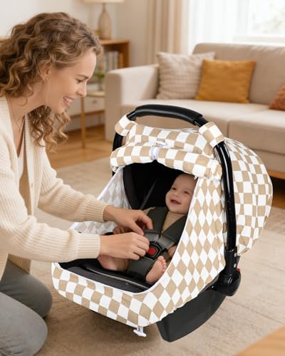 Image of DILIMI Car Seat Covers for Babies, Muslin Cotton Baby Car Seat Cover with Breathable Mesh Window, Summer Infant Car Seat Canopy for Boys Girls Newborn, Brown Plaid