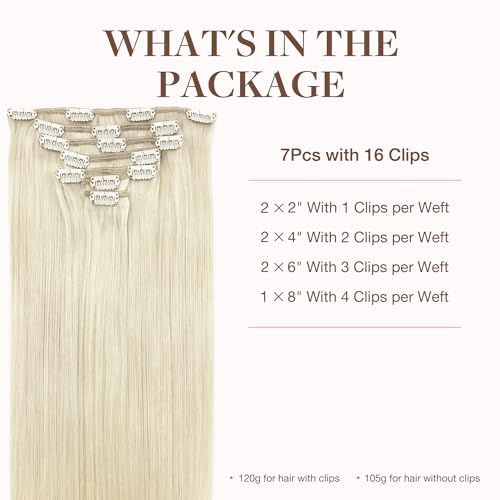 GOO GOO Clip in Hair Extensions Real Human Hair, Remy Human Hair Extensions Clip ins for Women, Natural Human Hair, 24inch 170g 7Pcs, #60A Platinum Blonde - Thumbnail 2