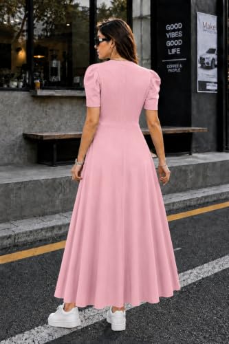 Image of Preneum Girl's & Women's Solid Color V-Neck A-Line Maxi Dress for Women | New Year Party Outfit | Waist Cinched Puff Sleeve Western | Elegant Casual Wear (Availble in Plus Size)