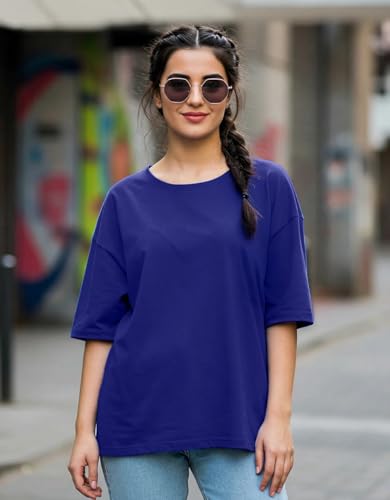 Image of JUNEBERRY Pure Cotton Oversized Baggy Fit Half Sleeve Drop Shoulder Plain Solid Round Neck T-Shirt for Women (Available in Black, White, Lilac, Cork, Maroon, Royal Blue, Swan White, Soap Nut Colors)