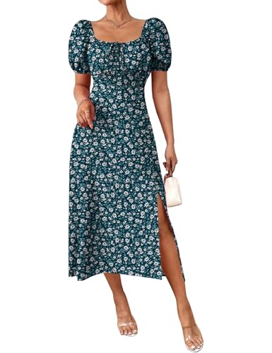 Image of SPRIME Women's Floral Summer Casual Dress Square Neck Puff Sleeve Boho Midi Dresses Ruched Bust High Waist Split Long Dress
