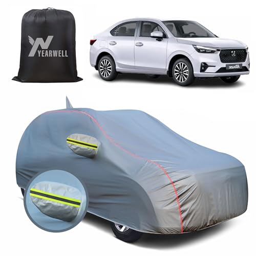 Image of Car Body Cover for Honda Amaze (2024-2025), 100% Waterproof, Heat-Resistant with Mirror & Antenna Pockets, Soft Cotton Lining, Triple Stitched, Green Reflector (Metallic Grey)