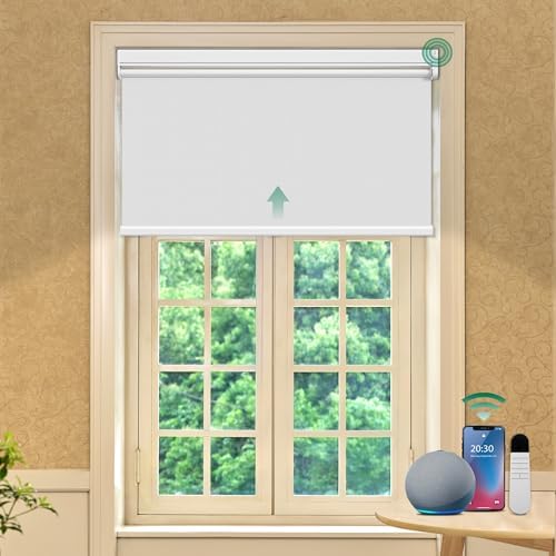 Allesin Motorized Roller Blinds with Remote Control for Windows, Blackout Smart Roller Shade, Battery Powered Electric Smart Blind (White 27" W x 72" H)