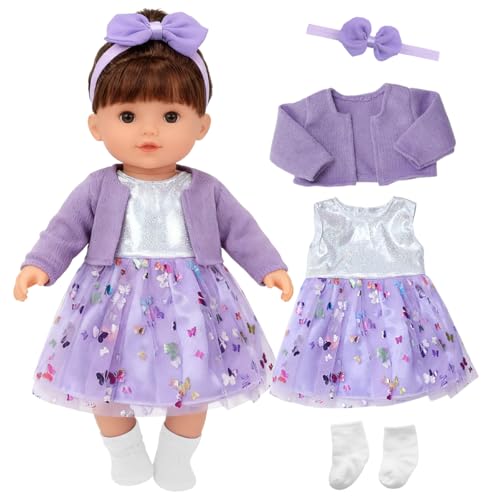 Huucozn Conjunto de 4 peças de roupa para bonecas de 34 a 45 cm, acessórios para bonecas com vestido, casaco e meias, saia roxa para boneca, roupa de bebé reborn de 16 a 18 polegadas para oferecer à