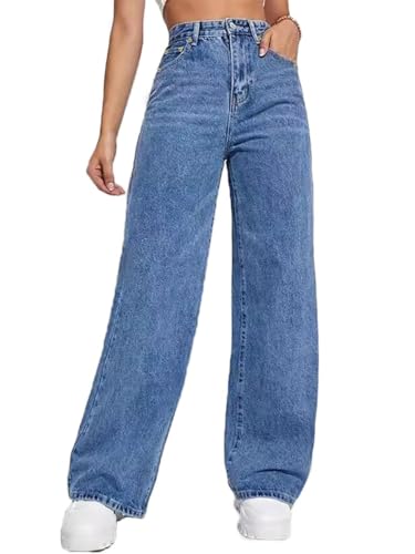 Jean baggy pour femme extensible avec coupe droite rétro et taille haute confort