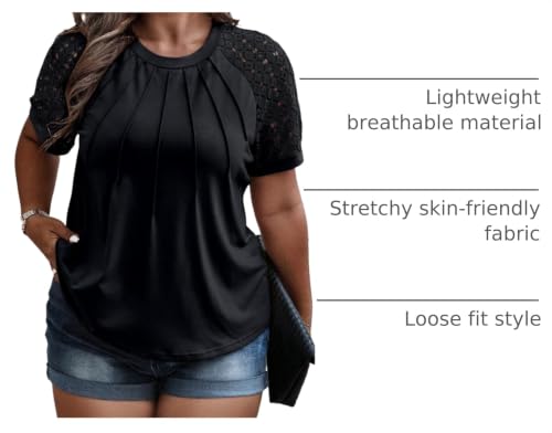 Image of Eytino Plus Size Tops for Women Summer Lace Short Sleeve Crewneck Loose Casual Blouse Tunic T Shirts(1X-5X)