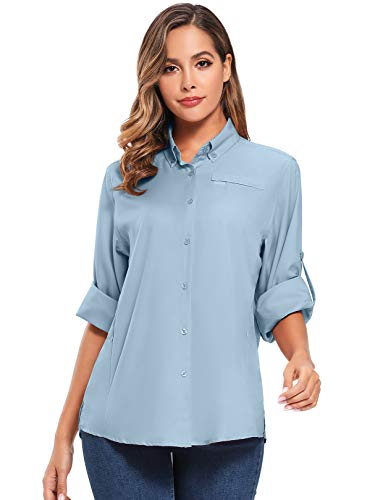 Womens Sun Protection Safari Shirts UPF 50+ UV Long Sleeve Outdoor Quick Dry Fishing Hiking Shirts (5024 Light Blue S)