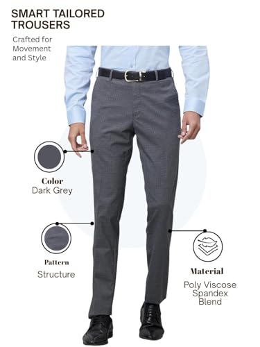 Image of Raymond Men's Slim Fit Mid Rise Structure Pattern Poly Viscose Blend Pleatless Formal Trouser