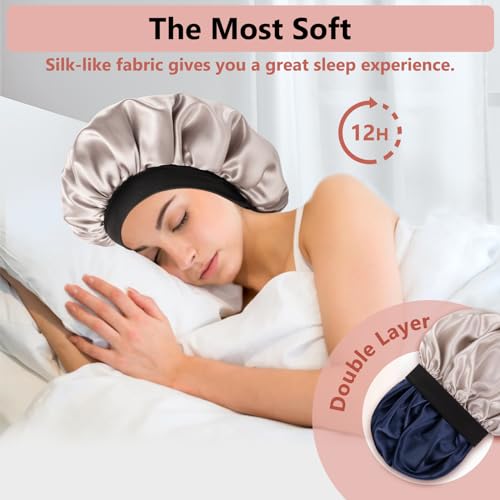 WINSTECK Seidensatin-Haube zum Schlafen, verstellbare Schlaf-Haarmütze, doppellagige Nachtschlafmütze für Frauen Männer, großes Design für lockiges Haar Lange Haarzöpfe