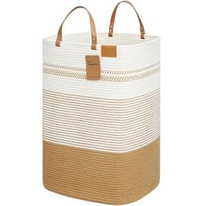 danpinera 100L Nursery Hamper, Tall Woven Laundry Basket with Long Leather Handles, Boho Laundry Hamper for Living Room & Bedroom, Eco-friendly & Convenient Decorative Storage Basket White & Jute