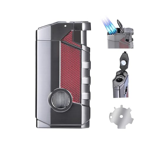 Reetsing Torch Lighter, Refillable and Adjustable Flame Butane Torch Lighter,Windproof Triple Jet Flame Torch Lighter with Holder,Multi-Functional Lighter Accessory Premium Gift for Men