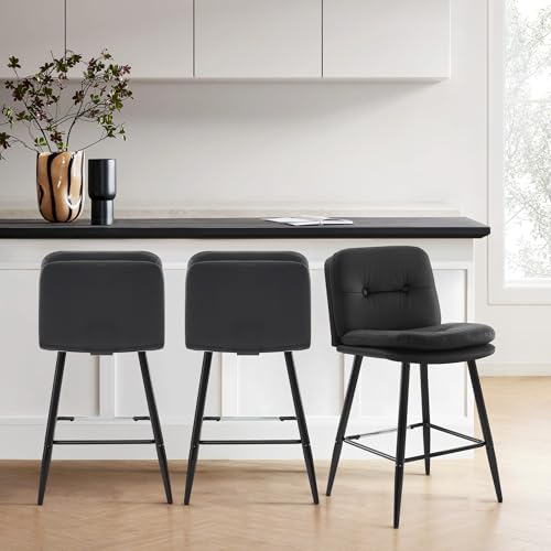 Image of 26 Inch Bar Stools Set of 3, High Back Barstool with Double-Layer Padding and Metal Legs, Faux Leather High Stools for Home Kitchen Island Couter (3, Black)