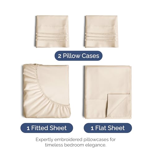 Image of Full Size 4 Piece Sheet Set - Ultra Soft & Cooling Bed Sheets - Cream Pink | Fits 8 Inch to 16 inch Mattress, Wrinkle Free & Fade Resistant with Deep Pockets, Breathable, Comfy Hotel Luxury Bedding
