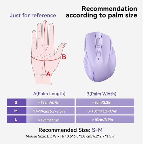 Image of TECKNET Wireless Mouse, BT 5.0 /2.4G, Rechargeable 6-DPI Silent, Lavender | Bluetooth 5.0 /3.0 & USB A, 2-Device Easy Switch, Wide OS Compatible, 6 Buttons, 6-DPI up to 4800, Ergonomic for S to M Hands