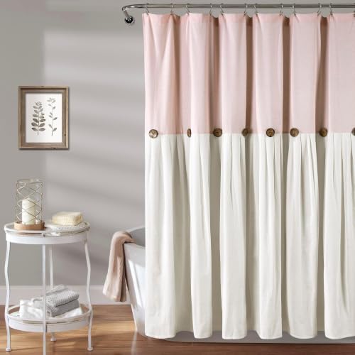 Image of Lush Decor Linen Button Shower Curtain, 72 inch W x 72 inch L, Blush & Off White - Pink Bathroom Curtain - Fabric Shower Curtains - Farmhouse Bathroom Decor (Pack of 6)