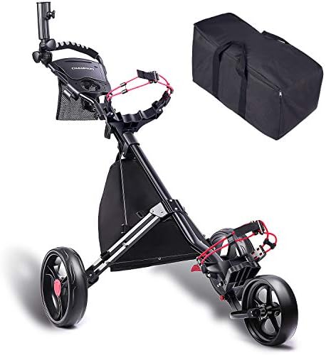 CHAMPKEY Premium Golf Push Cart (Carry Bag Included) | 3 Wheels Foldable Hand Cart, Easy Push and Pull Cart Trolley | Quick Open and Close Golf Pull Cart