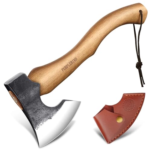 PURPLEBIRD Hatchet Axe with Sheath for Camping, 15 Inch Bushcraft Axe Carbon Steel Chopping Axes Wood Handle Splitting Axes, Hand-Forged Camping Hatchet for Carving Bushcraft Outdoor Forest Garden