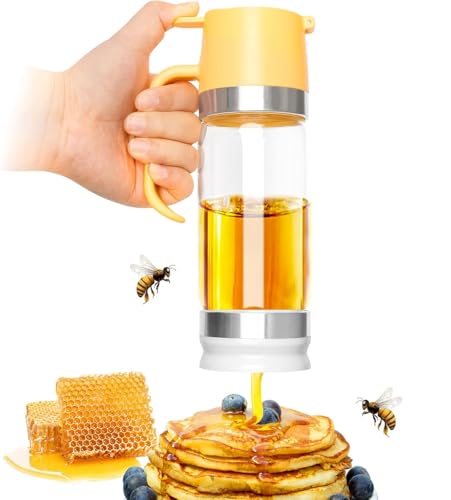 Syzplnwy Dispensador de miel de cristal, 350 ml, boquilla antigoteo con mango y base antideslizante, recipiente de cristal multiusos para miel, jarabe, café (apto para lavavajillas), color amarillo