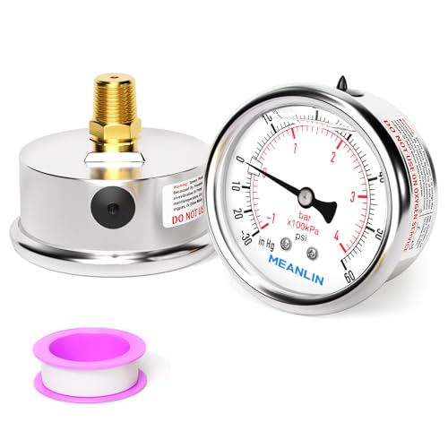 Image of MEANLIN MEASURE -30inHG~60Psi Vacuum Pressure Gauge 1 /4 inch NPT 2.5 inch FACE DIAL, Stainless Steel Liquid Filled Pressure Gauge WOG Water Oil Air Center Back Mount