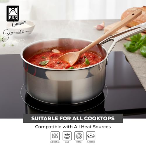 Image of BRA COOKWARE Signature Stainless Steel Sauce Pot w /Glass Lid | 7 Inch 1.4 Quart Professional Grade Saucepan | PFOA Free Warming Pot | All Cooktops | All Cooktops (incl. Induction) & Oven Safe