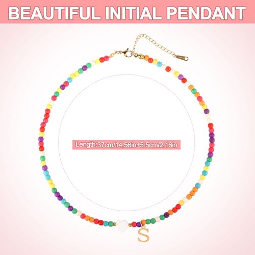 Initial Beaded Necklace, Colorful Cute Beaded Necklace with Heart Shells Stylish Letter Pendant Necklace Handmade Personalized A-Z Gifts for Women Girls (Letter S)2