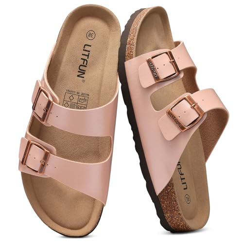 Image of Litfun Unisex Cork Footbed Sandal Summer Slip On Slide Sandals with Adjustable Buckle for Women Men