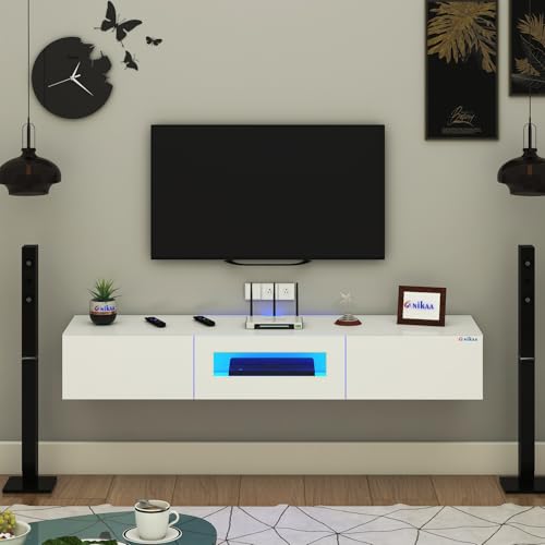 Image of Anikaa Lucen Wall Mount Modern Floating TV Unit for Living Room | 3 Closed Storage cabinets with hinged Door - Blue Color LED Light | Ideal for UP to 65 Inch TV (White Finish - DIY Installation)