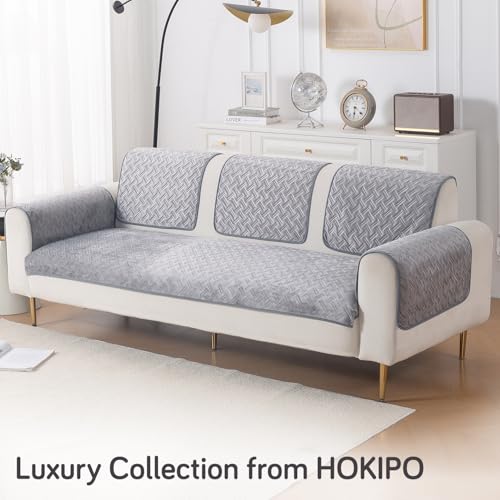 Image of HOKIPO Premium Velvety Quilted Sofa Armrest Covers (Pack of 2)- Anti-Slip, Washable Arm Cover, 'Softline Quilted Series' | Arctic Grey (AR-6321-DGRY*2)