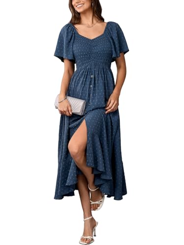 Womens Smocked Empire Waist Maxi Dress Sweetheart Neckline Flutter Sleeve Swiss Dot Elegant Cute Dresses Button Down