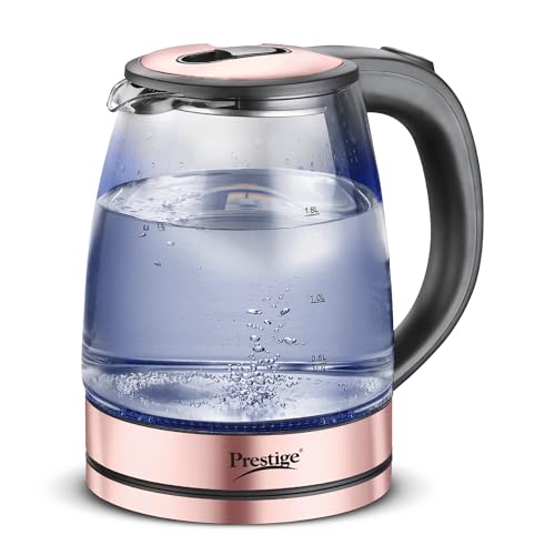 Prestige PKGB 1.8 Litre Electric Glass Kettle| LED Power Indicator| Borosilicate Glass| Automatic Power Cut-Off| Concealed Element| 360 Degree Swivel| Cool Touch Handle, 1350 Watts, Transparent