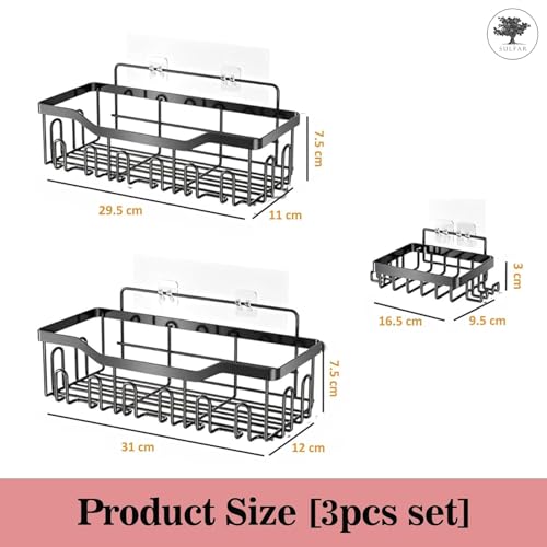 Image of Self Adhesive Bathroom Shelf Combo Pack of 3 | No Drill Rust Proof Metal Bathroom Organizer Set | Wall Mounted Storage Shelves with Soap Holder | Multipurpose Rack for Bathroom, Kitchen