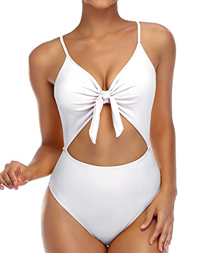 Tempt Me Womens One Piece Swimsuit Tie Knot Front Bathing Suit Cut Out Plunge Sexy Monokini Swimwear White M