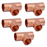 YTKavq 1/2' Copper Pipe Tee Fitting, Copper Three Way Welding Joint for HVAC and Refrigeration with Rolled Tube Stop Sweat Ends,Pack of 5