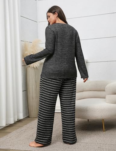 Blooming Jelly Womens Plus Size Pajamas Color Block Pajama Sets Button Down Lounge Sets 2 Piece V Neck Long Sleeve Pj3