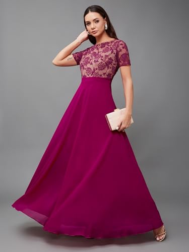 Image of Miss Chase Women's V-Neck Full Sleeve Self Design Lace-Overlaid Georgette Maxi Dress