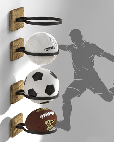 AIDILI Ball Holder Football Display Rack - 4 Pack Wall Mounted Rugby Ball Storage Rack for Football Basketball 18cm Diameter