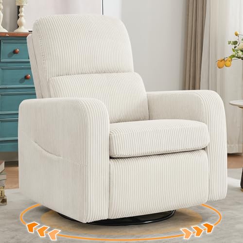 Oversized White Corduroy Swivel Nursery Recliner