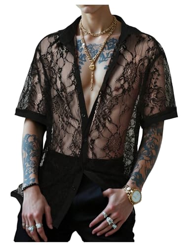 SHENHE Mens Floral Lace Beach Shirt See Through Button Down Party Top