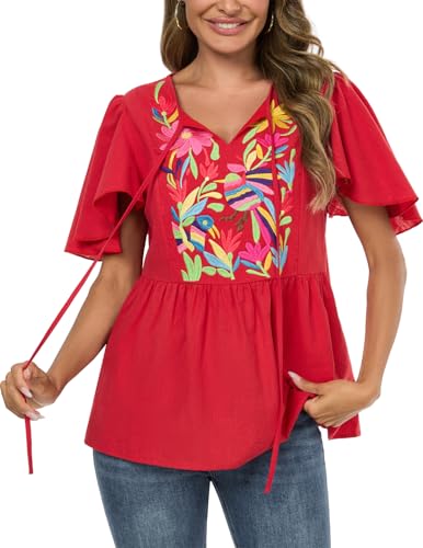 Image of Mexican Shirts Peasant Blouses for Women Cotton Embroidered Blouses Fiesta Summer Bohemian Shirts 3 /4 Sleeves