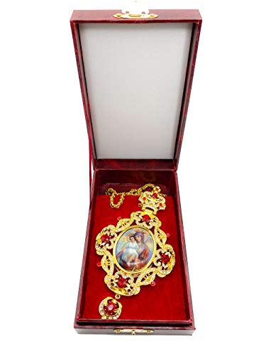 Nazareth Store Pectoral Cross Red Crystals Mary with Jesus Icon Gold Plated Clergy Pendant Christian Priest Bishop Crucifix Pendant Long Chain 24" in Gift Box3