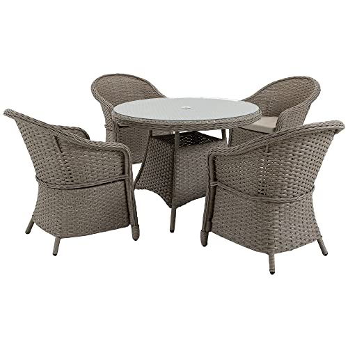 Outsunny 5 Pieces Luxury PE Rattan Dining Sets with Cushion, Outdoor Round Wicker Garden Furniture with 4 Armchairs & Glass Top Table w/Umbrella Hole, Mixed Grey