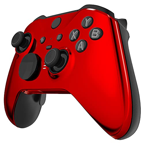 Image of eXtremeRate Chrome Red Edition Glossy Faceplate Cover, Front Housing Shell Case Replacement Kit for Xbox One Elite Series 2, Xbox Elite 2 Core Controller Model 1797 - Thumbstick Accent Rings Included